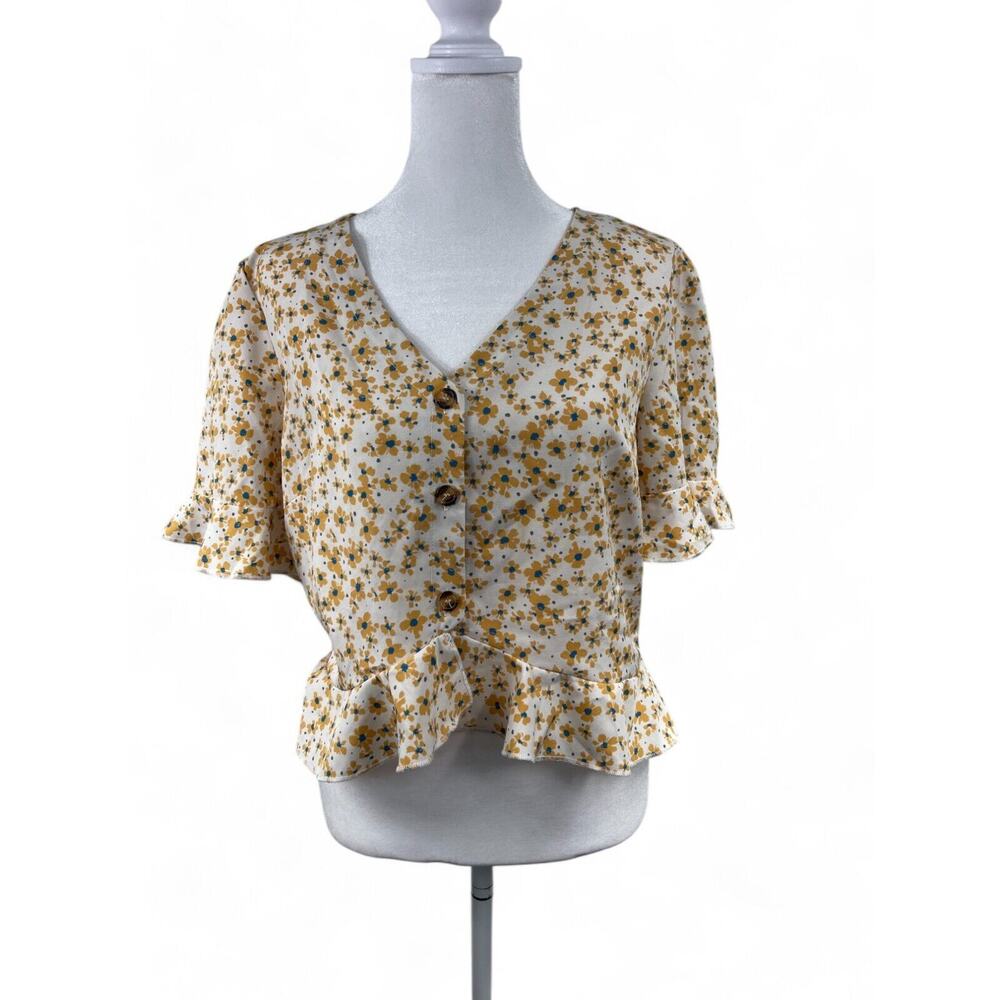 Baby Doll Floral Ruffle Button Up Top Woman Large Y2K Yellow Blue Coquette Fairy
